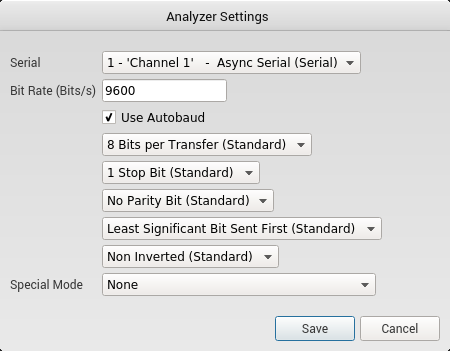 Serial analyser settings