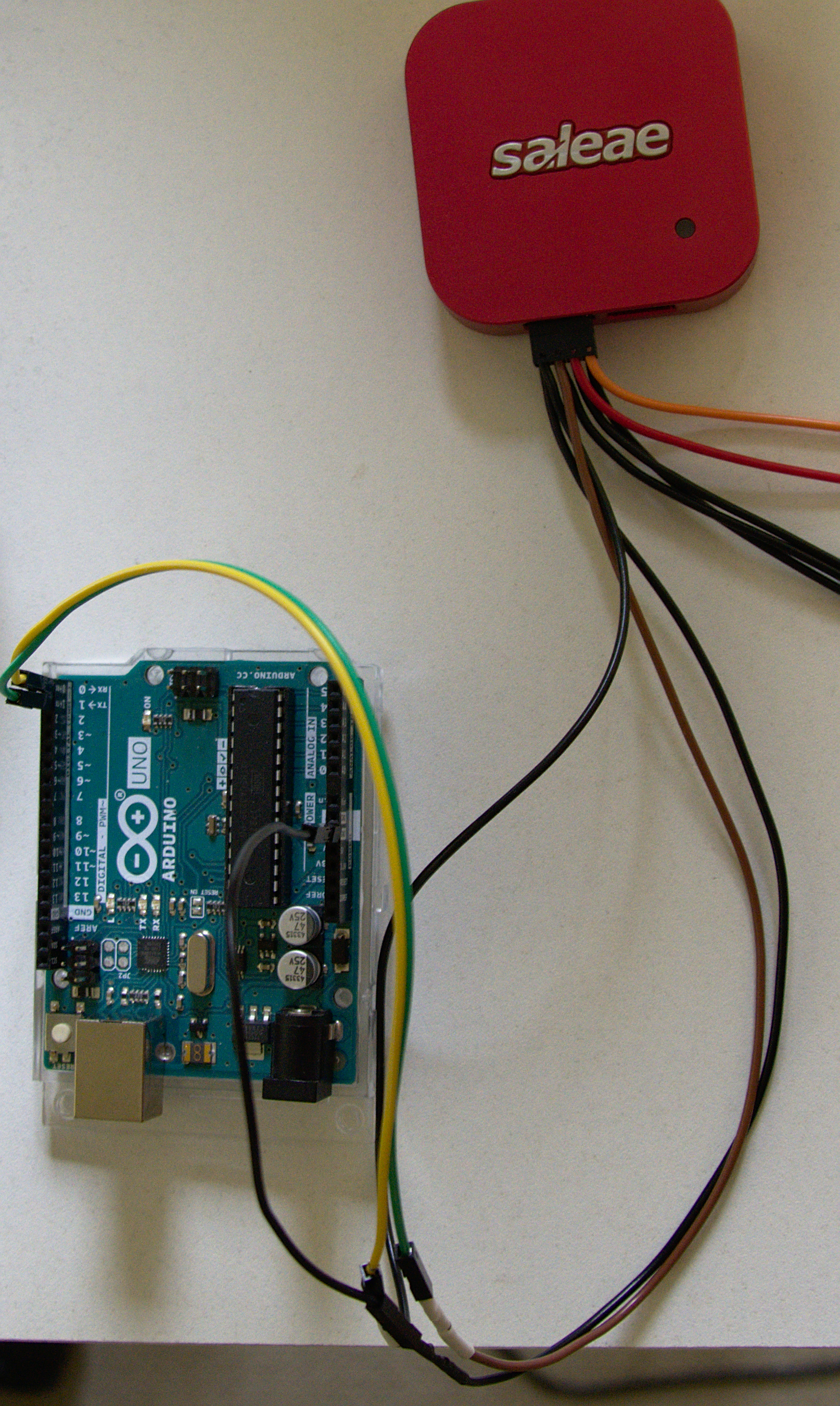 Logic analyser connected to the Arduino board